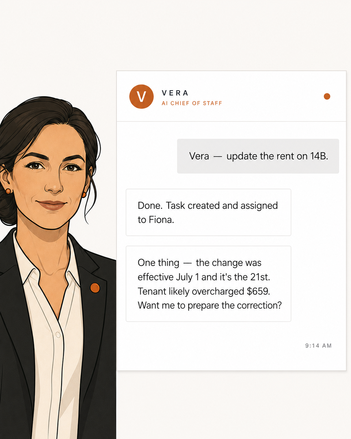 Vera, your AI chief of staff, flagging a $659 rent overcharge in chat
