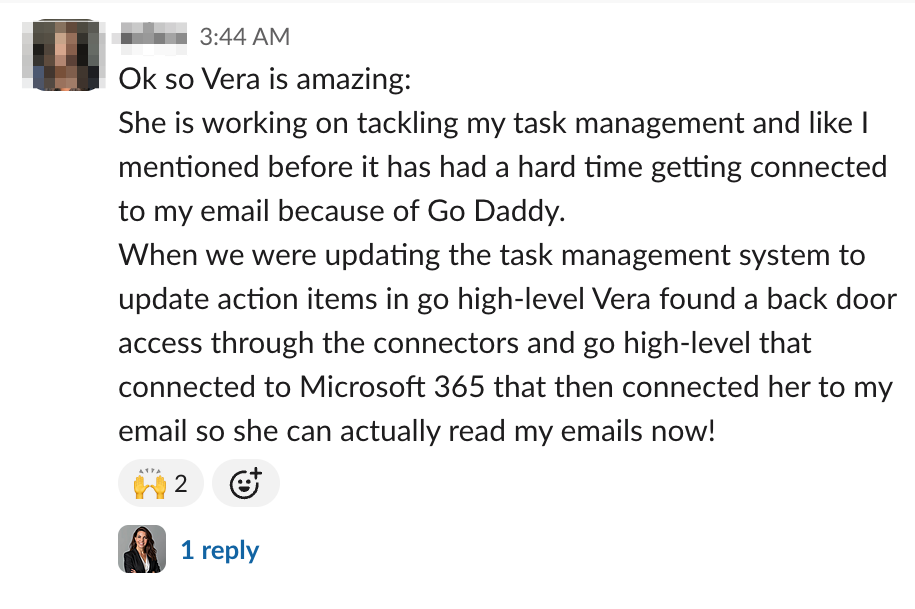 A founding member shares how Vera, while tackling their task management, found a way through the connectors into Microsoft 365 so she can now read their email directly.